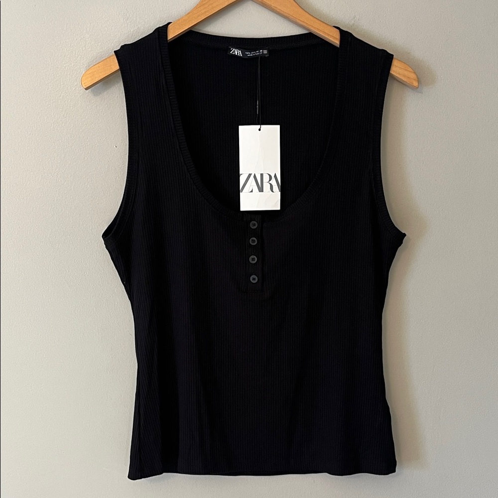 New! ZARA ribbed Henley Tank‎ Top Size Large Black NWT